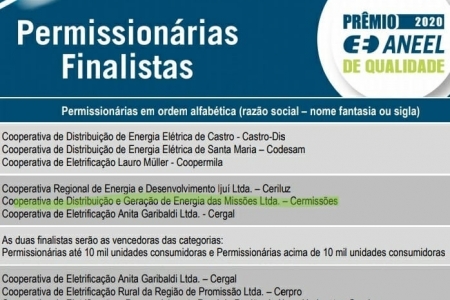 Cermissões está entre as finalistas do Prêmio ANEEL de Qualidade 2020